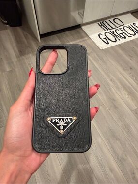 Prada Black Saffiano Leather iPhone 15 pro Case with Triangle Logo